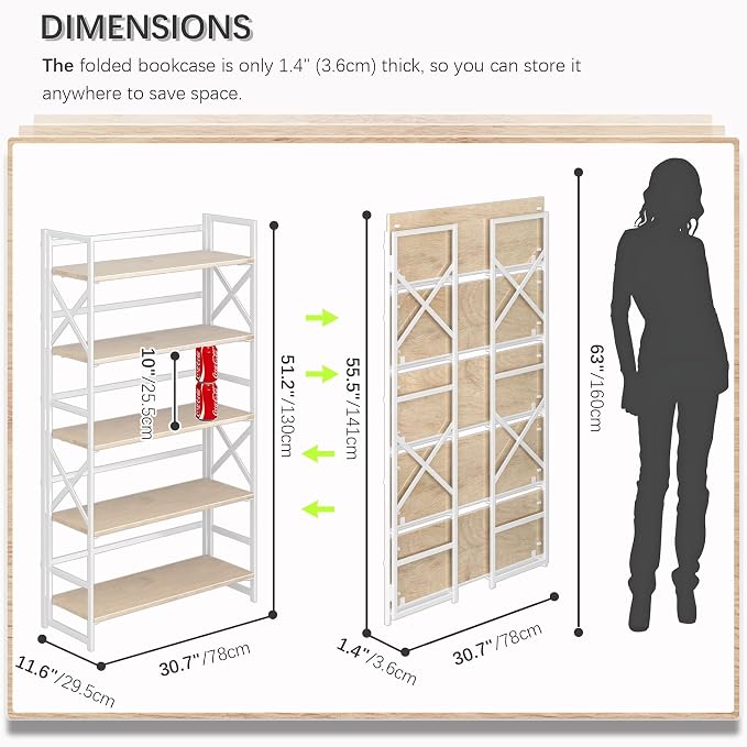 4NM Extra Wide 5 Tiers No Assembly Book Shelves, 51.2" H Folding Bookshelf - Image 2