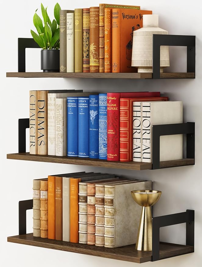 Harwaya Floating Book Shelves for Wall Set of 3, 17 x 8 Inch Deep Wooden Wall by Harwaya