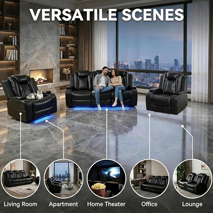 Power Recliner Sofa Set with LED Lights, Includes 2 Manual Recliner 1 Seat and - Image 5
