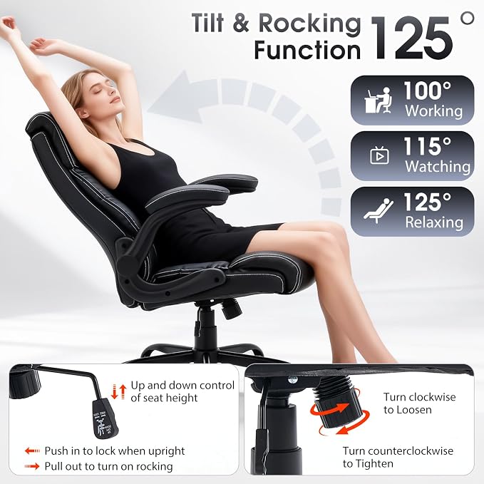 High Back Office Chair with Flip-up Armrests, Leather Comfy Desk Chair with - Image 4
