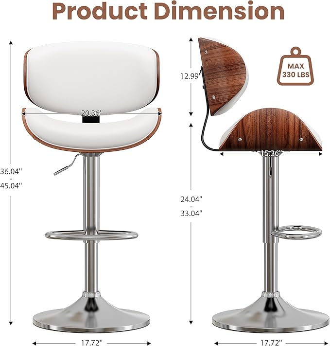 YaFiti Bar Stools Set of 2, Bentwood Adjustable Height Swivel Bar Stools - Image 3
