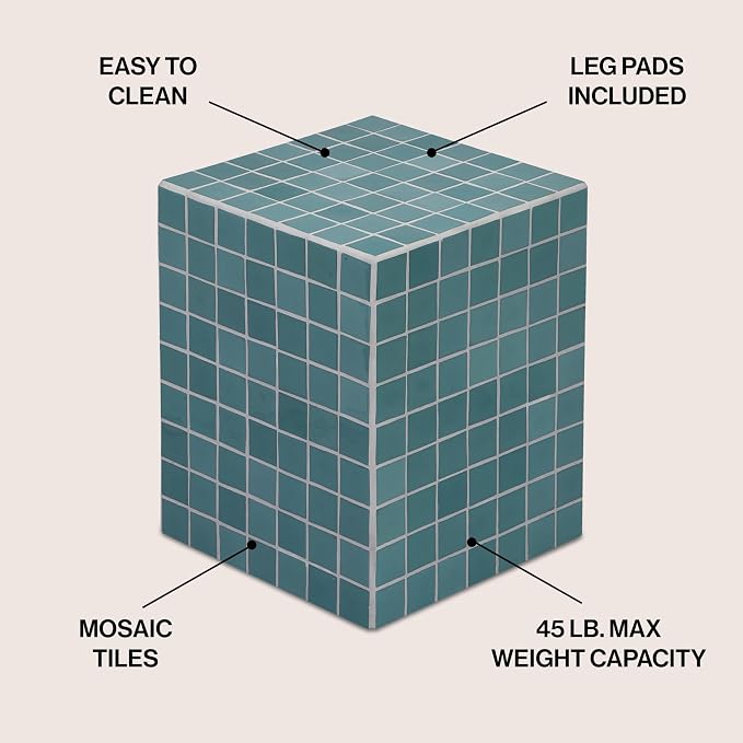 JONATHAN Y Callista 18-Inch Teal Blue Modern Ceramic Tiled Cube Side Table - Image 3