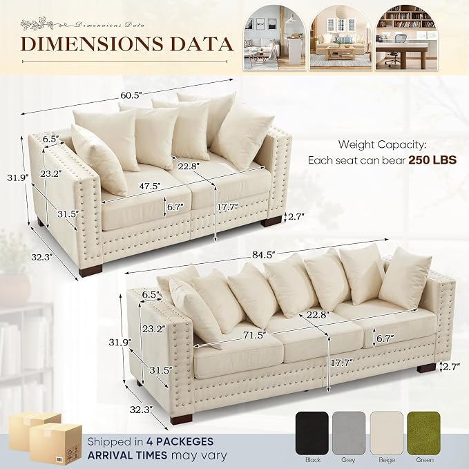 2 Piece Velvet Couch and Loveseat Sets, Mid Century Modern Couch - Image 2