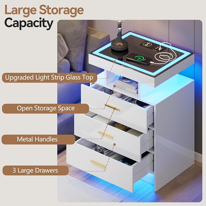 White Night Stand Set 2 with Wireless Charging Station, Smart Bedside Table - Image 8