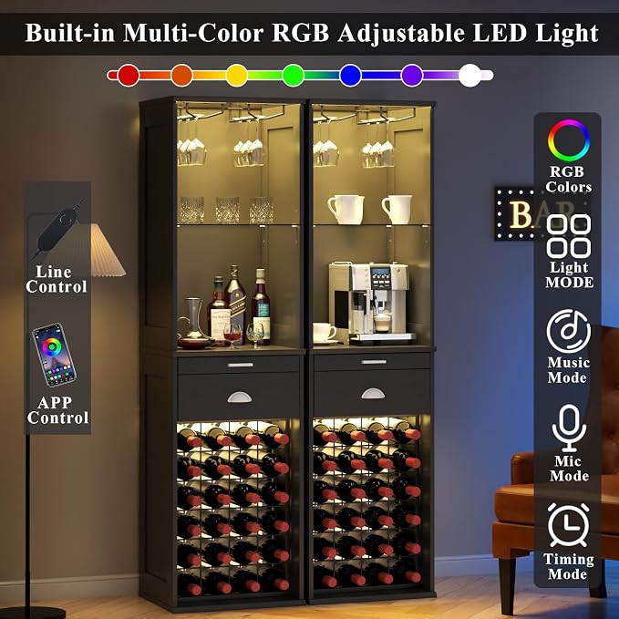 Loomie Wine Bar Cabinet with LED Lights, Freestanding Liquor Cabinet with Tray - Image 4