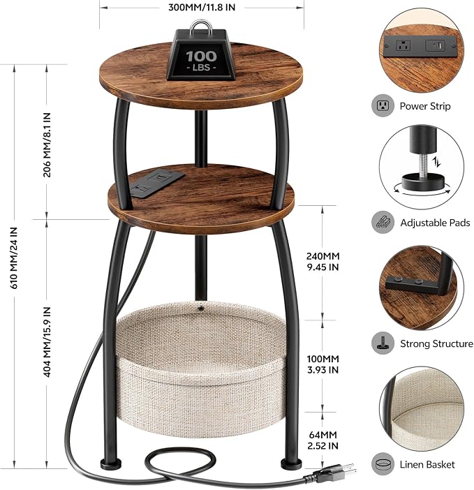 Side Table with Charging Station, Small Round End Table with Basket, USB Port - Image 3