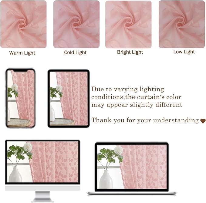 Chyhomenyc Blush Pink Sheer Curtains 30 Inch Length, Light Filtering Leaf - Image 3