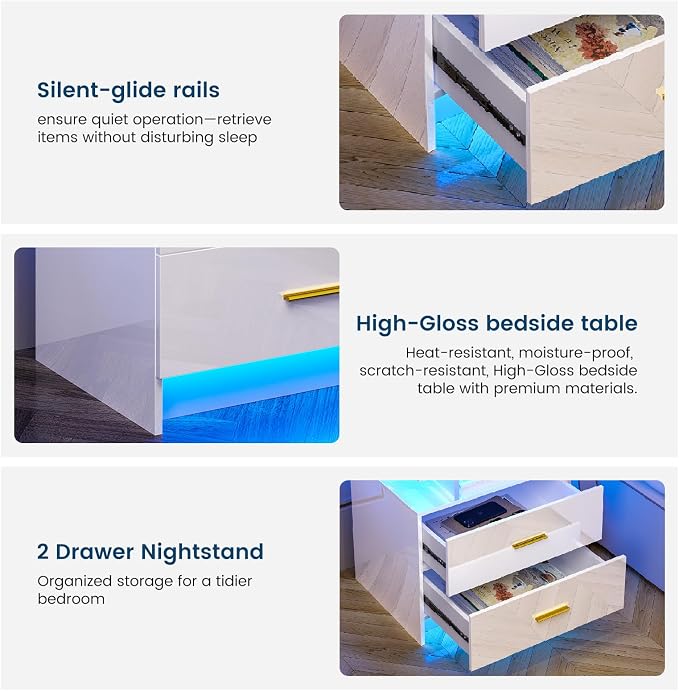 HNEBC Nightstand Set of 2 with Charging Station, Auto LED Night Stand with - Image 6