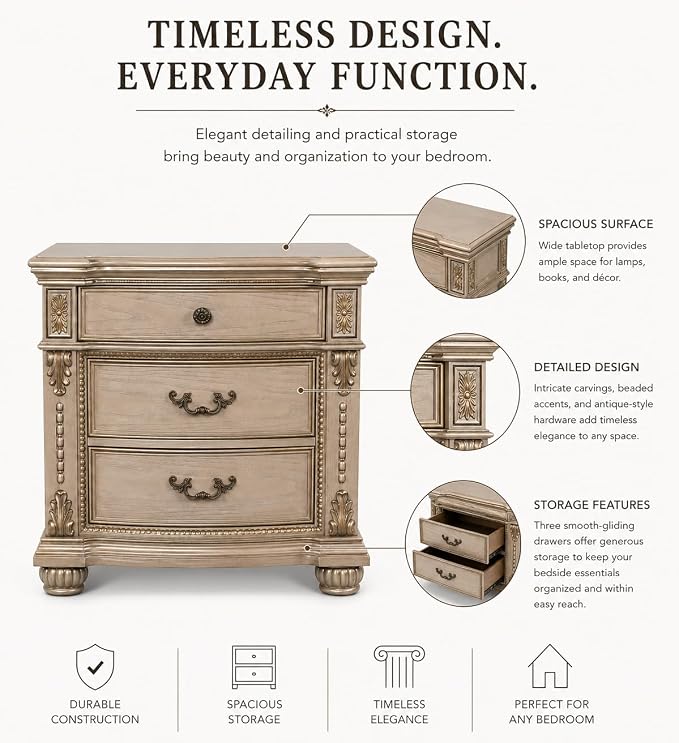 First of a Kind Nightstand Bedroom Furniture Evelyn Champagne Traditional Wood - Image 3
