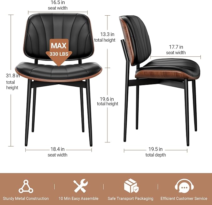 REONEY Dining Chairs Set of 6, Mid-Century Modern Upholstered PU Leather Chairs - Image 2