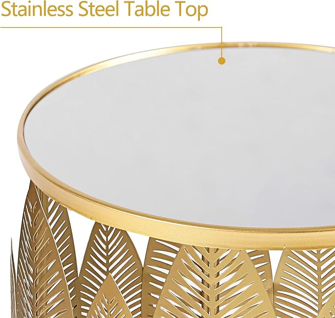 Homebeez Gold Nesting Tables Set of 2, Glam Leaf Design Round End Table - Image 6