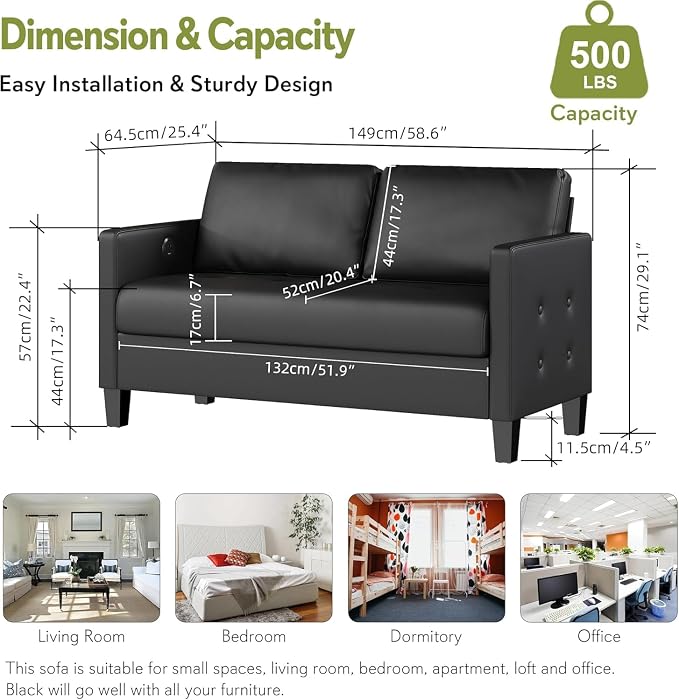STHOUYN 59” Black Faux Leather Sofa Couch, Modern Comfy Office 2 Seater Couch - Image 2