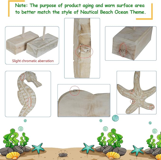 3pcs Wood Handmade Beach Nautical Style Figurines Starfish/Conch/Seahorse - Image 6