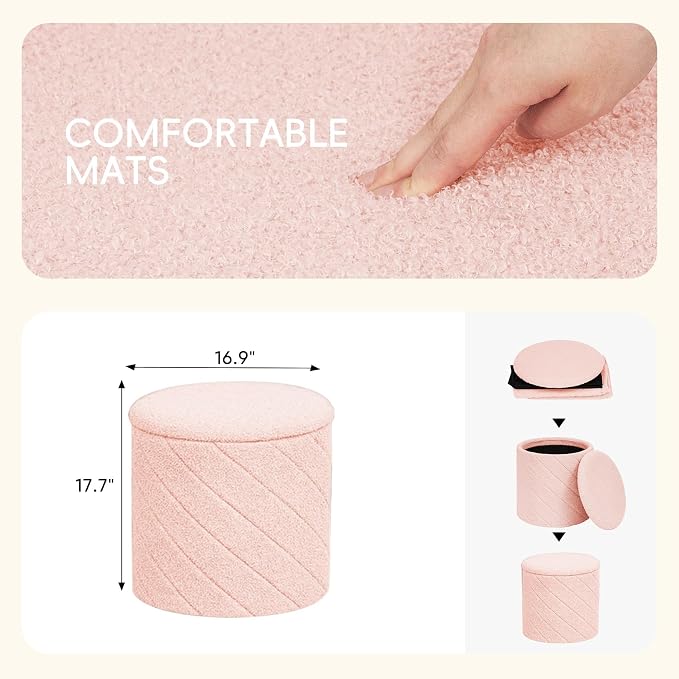 PINPLUS Ottoman with Stroage Round Boucle Ottoman and Tray Sherpa Removable - Image 3