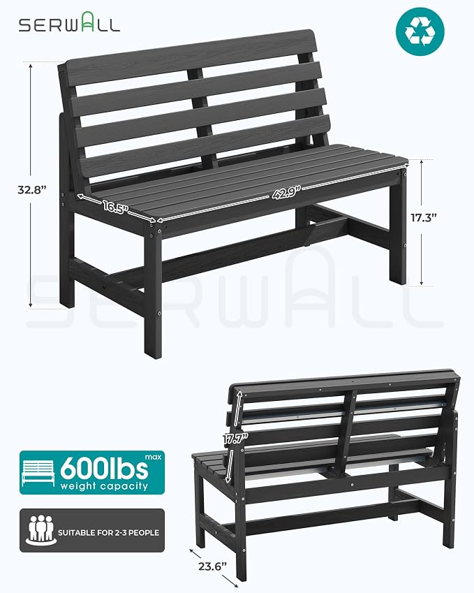 SERWALL Outdoor Bench, All Weather HDPE Outdoor Benches, 2-Person Armless Porch - Image 3