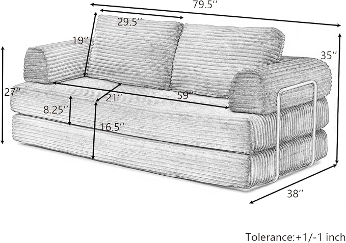 HANXIN 80 Inch Convertible Sleeper Sofa Bed, High Back Plush Corduroy Folding - Image 3