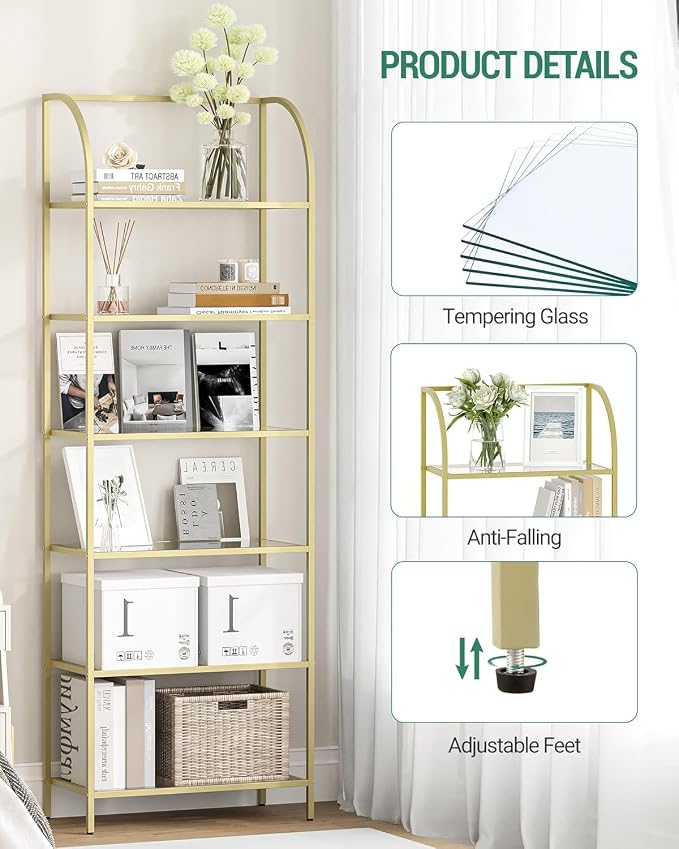 Hzuaneri Bookcase Bookshelf, Tempered Glass Arched Bookshelf - Image 3