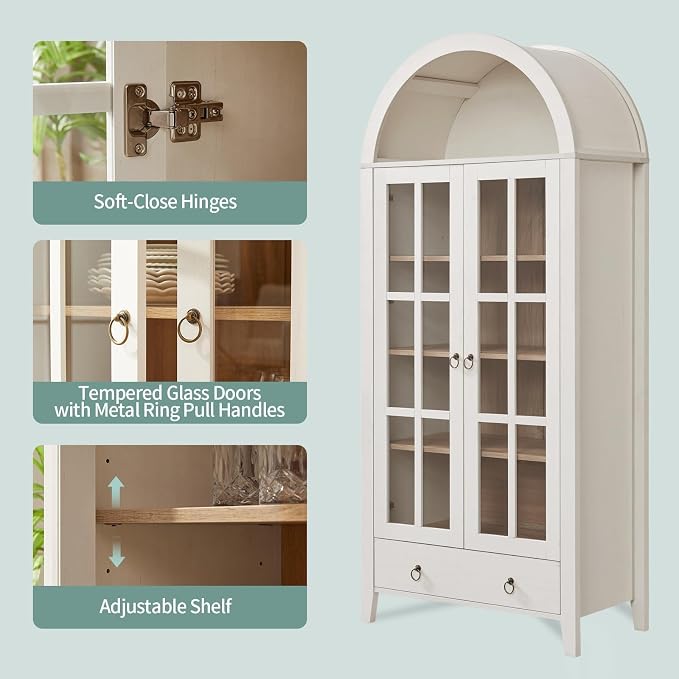 Farmhouse Arched Cabinet with Glass Doors, Wood Display Cabinet with Drawer and - Image 6