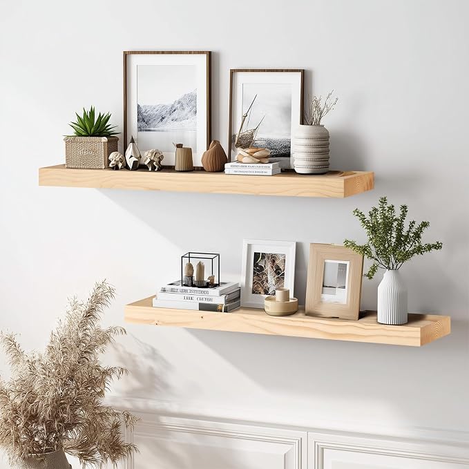 36x8x1.6 inch Floating Shelves Set of 2 – Solid Wood Rustic Wood Wall Mounted - Image 2