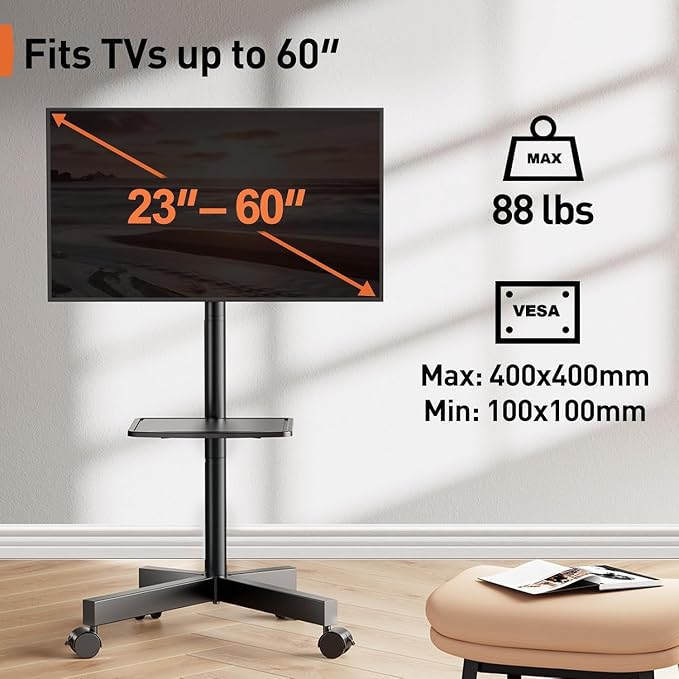 Perlegear Rolling TV Stand for 23-60 Inch LED Flat Screen/Curved TVs up to 88lbs - Image 2