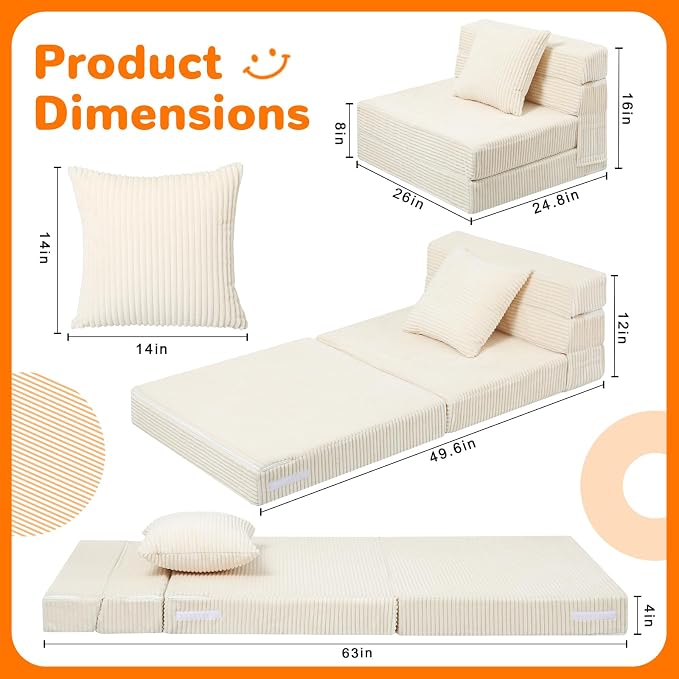 MeMoreCool Folding Sofa for Kids, Corduroy Fold Out Futon Chair, Small Foldable - Image 5