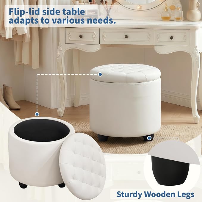 Furniliving Upholstered Button Tufted Round Ottoman, PU Storage Ottoman Round - Image 7