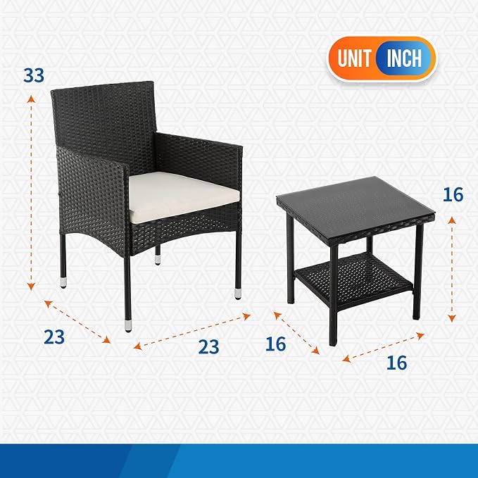 FDW | 3-Piece Patio Furniture Set | Black | Outdoor Wicker Furniture - Image 7