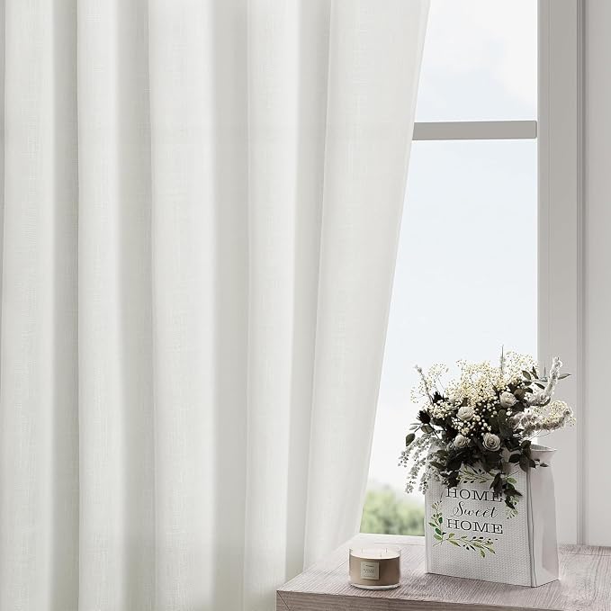 Nanspring Off White Linen Blend Semi Sheer Curtains 86 Inches Long 2 Panel Set - Image 2