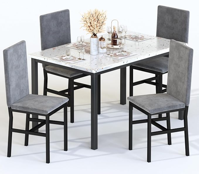 AWQM 5 Piece Dining Table Set for 4, Faux Marble Kitchen Table and Chairs for 4 by AWQM