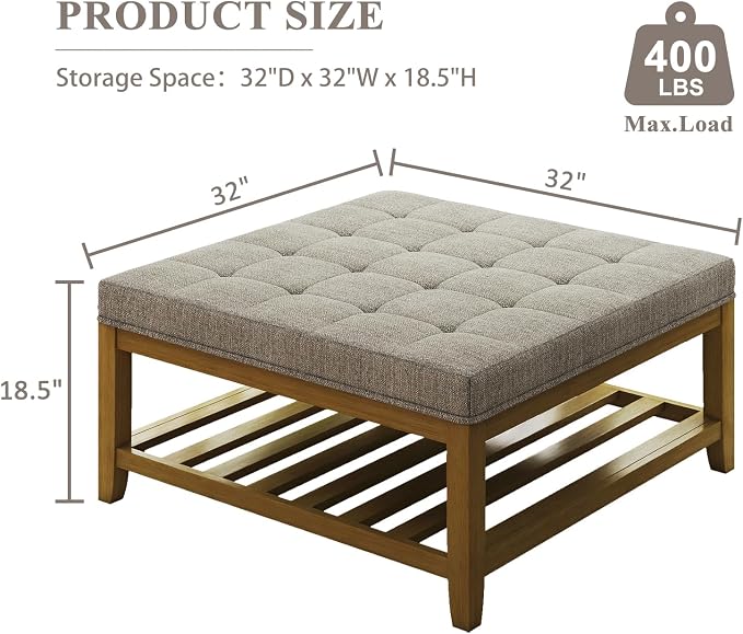 Befurtori Large Square Ottoman Coffee Table, Linen Solid Upholstered Footrest - Image 2