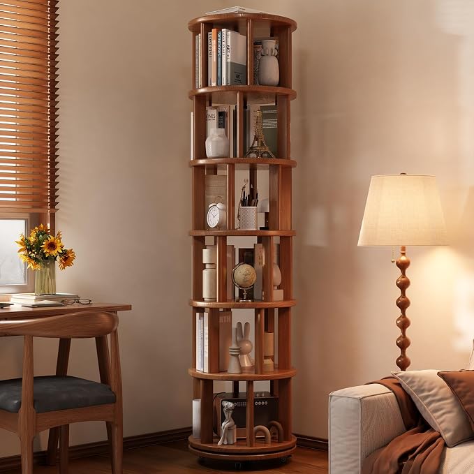 Muwuele 6 Tier Rotating Bookshelf Tower, Solid Wood Bookshelf on Wheels - Image 9