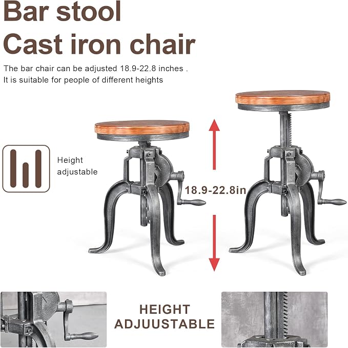 Topower Antique Industrial DIY Crank Stool Cast Iron Three-Legged Chair Bar - Image 6