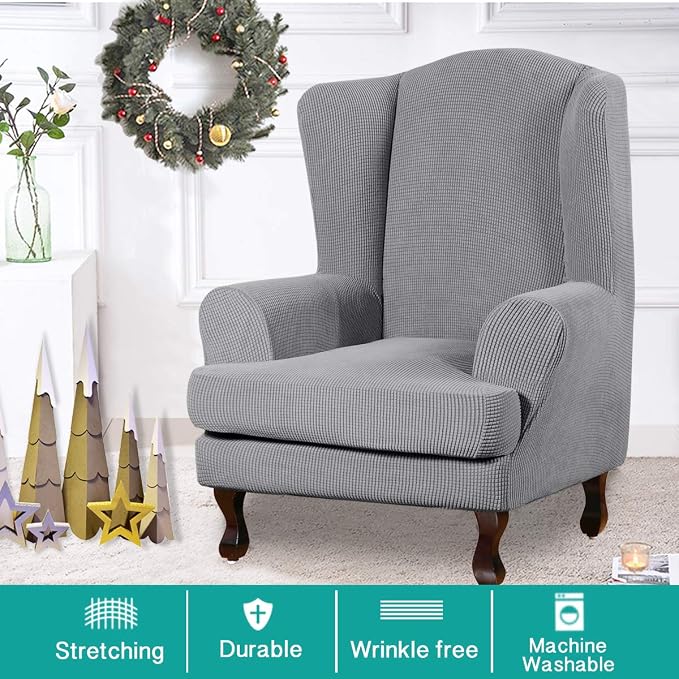 Turquoize Wingback Chair Covers 2 Piece Wing Chair Slipcover Stretch Slipcovers - Image 2