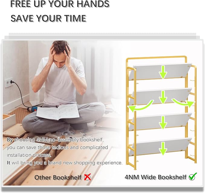 4NM No Assembly Extra Wide 4 Tiers Folding Bookshelf Storage Shelves Vintage - Image 7