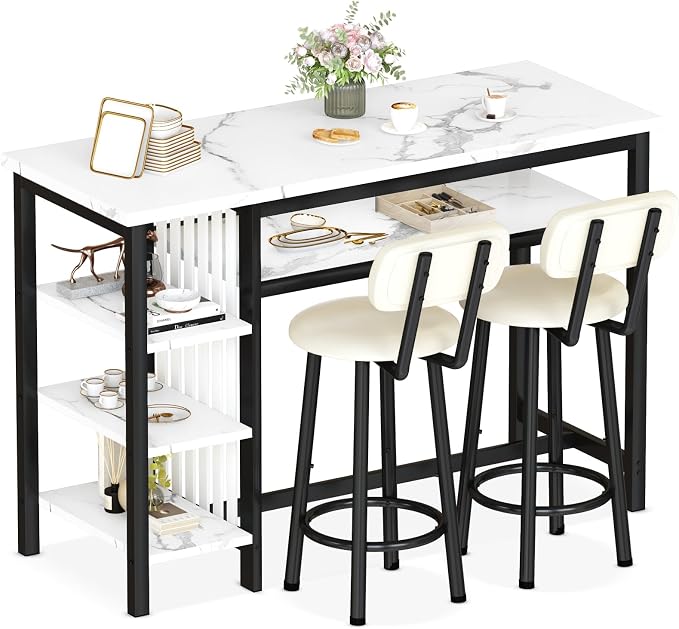 AWQM 3-Piece Bar Table and Chairs Set, Modern White Faux Marble Table - Image 5