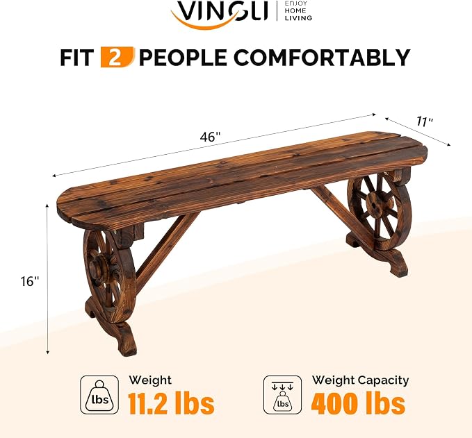 VINGLI Rustic Wooden Wheel Bench Outdoor Bench, Patio Bench Wagon Slatted Seat - Image 3
