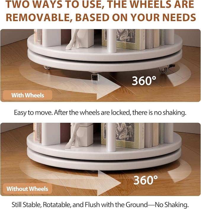 Muwuele Solid Wood Rotating Bookshelf on Wheels, 5 Tier, Round Revolving - Image 5