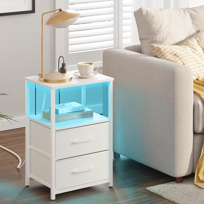 TUTOTAK LED End Table with Charging Station, Nightstand with Cloth Drawer - Image 5