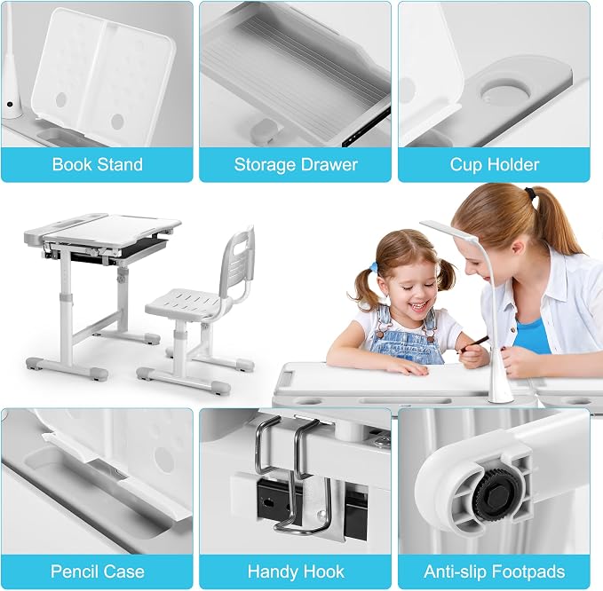 Rengue Kids Desk and Chair Set, Height Adjustable Children School Functional - Image 5