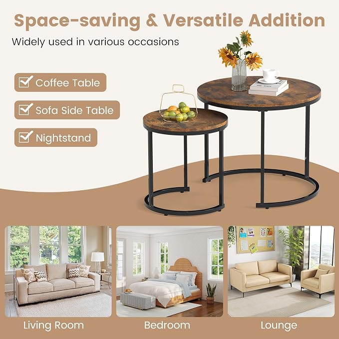 Giantex Nesting Coffee Table Set of 2, Round Stacking Side Tables w/Wooden - Image 8