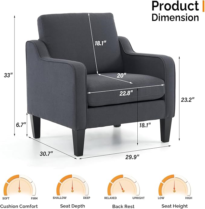 VINGLI Mid-Century Modern Accent Chair, Dark Grey Linen Upholstered, - Image 2