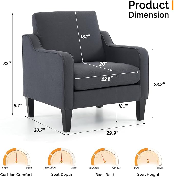 VINGLI Accent Chairs Set of 2 Living Room Chairs Dark Grey Reading Chair - Image 2