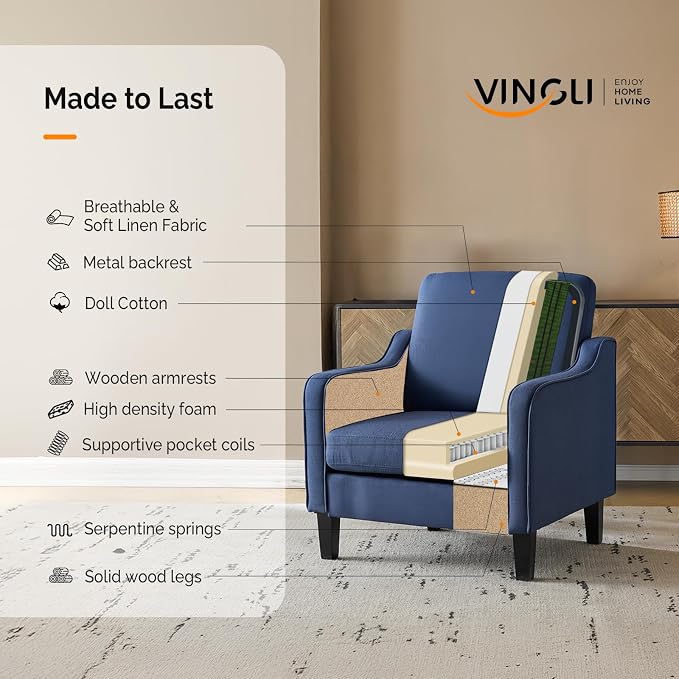 VINGLI Navy Blue Accent Chairs for Living Room, Line Comfy Upholstered Chair - Image 4