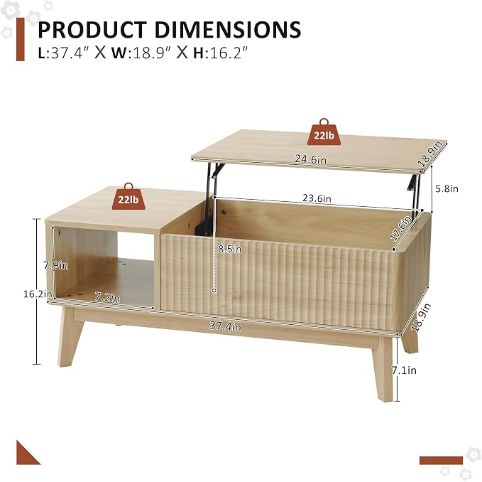 LYNCOHOME Fluted Lift Top Coffee Table - Image 2