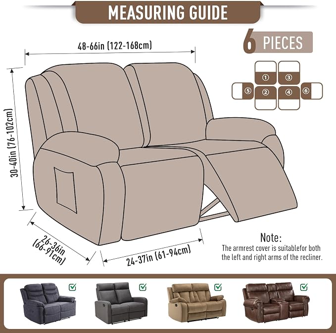 TAOCOCO Recliner Loveseat Slipcover, 6 Pieces Dual Recliner Sofa Covers - Image 5
