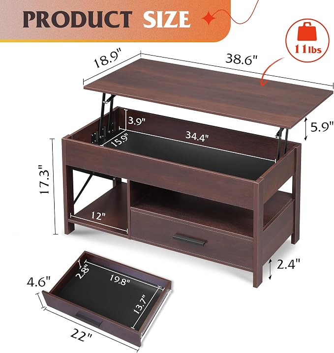 WLIVE Lift Top Coffee Table, Hidden Compartment, Wooden Lift Tabletop Center - Image 6