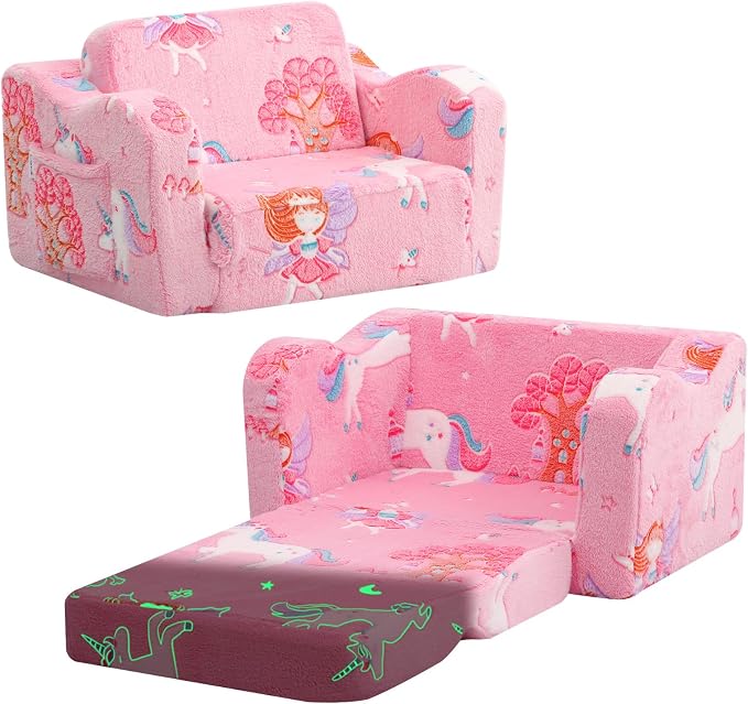 MeMoreCool Glowing Pink Fairy Kids Chair, 2-in-1 Fold-Out Kids Couch and Sofa by MeMoreCool