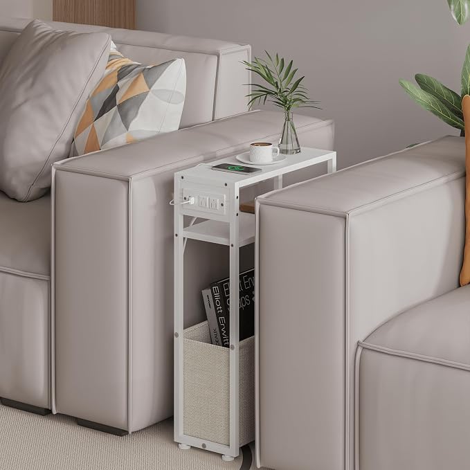 Leomonio White Side Table with Charging Station, Slim End Tables with Linen - Image 5