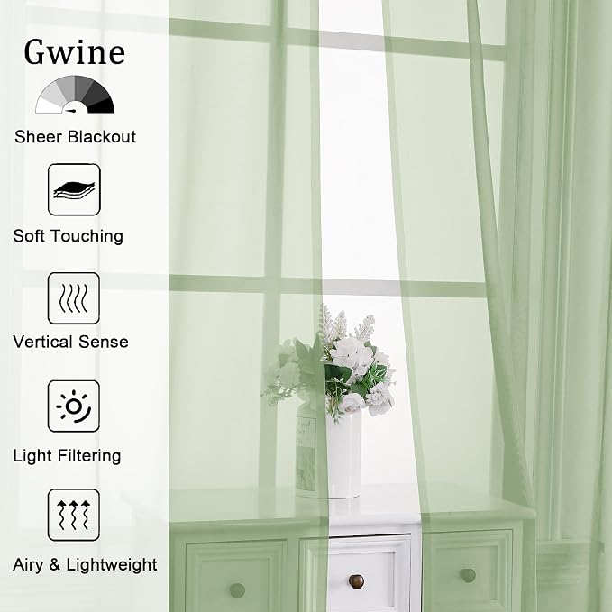 Gwine Light Green Sheer Curtains 72 Inches Long 2 Panels Set - Image 2