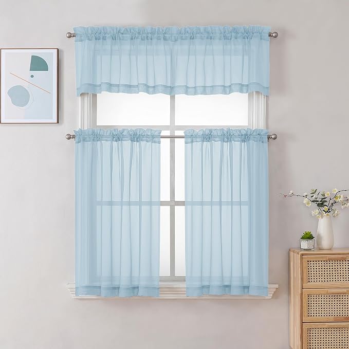 Gwine Sky Blue Sheer Curtains 30 Inch Length, Short Light Filtering Voile Small - Image 2